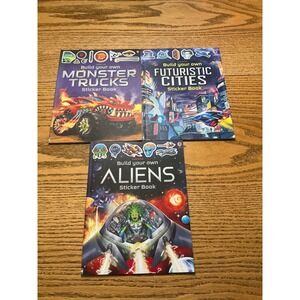 Build Your Own Sticker Book Set of 3 Monster Trucks Cities Aliens Learning Fun